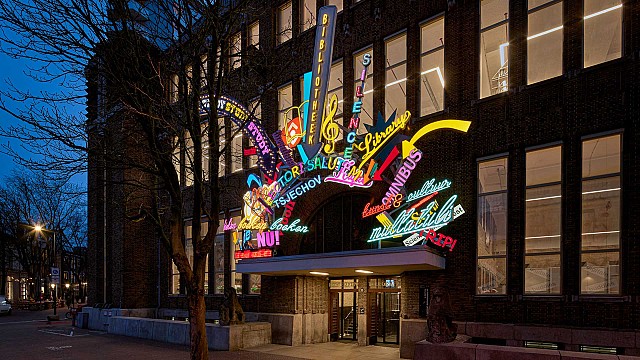 Maarten Baas electrifies Utrecht Public Library's entrance in bold 3D and LED texts