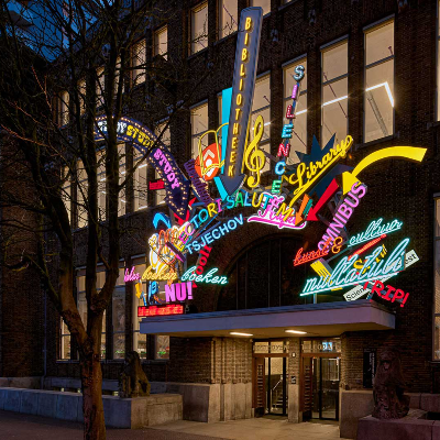 Maarten Baas electrifies Utrecht Public Library's entrance in bold 3D and LED texts