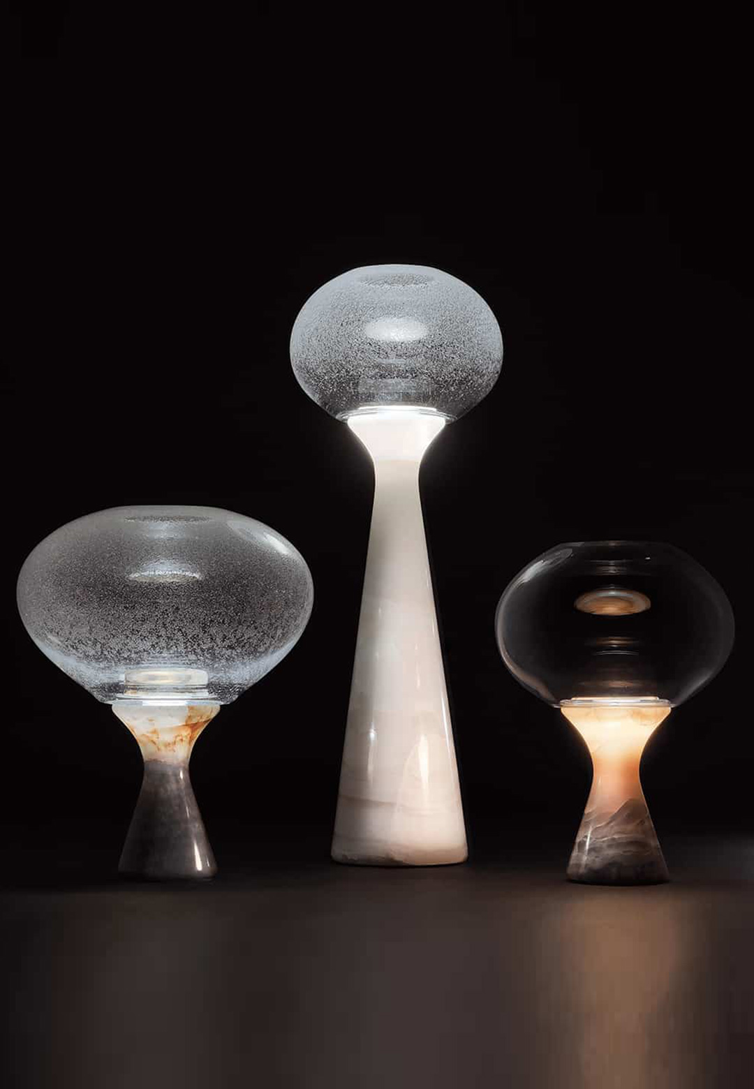 Enzo Bert experiments with onyx, Murano glass and light for Aurora collection