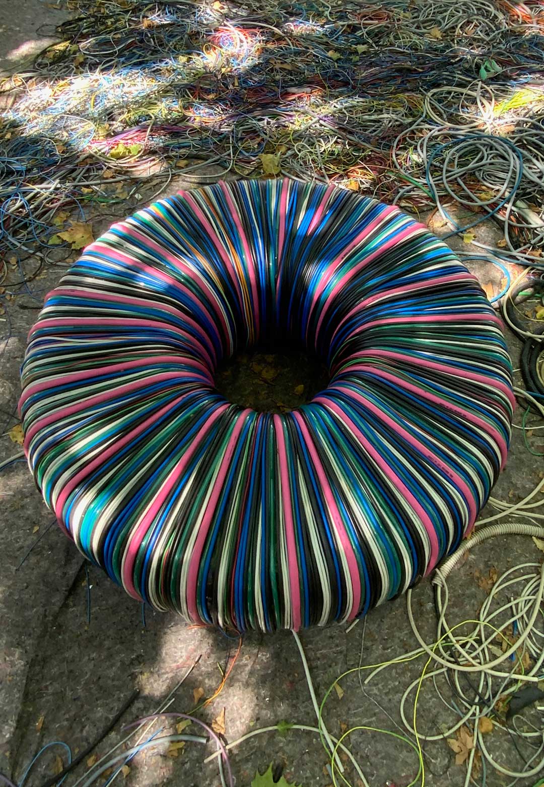 Nika Zupanc resurrects discarded truck tyres into a colourful cable bench