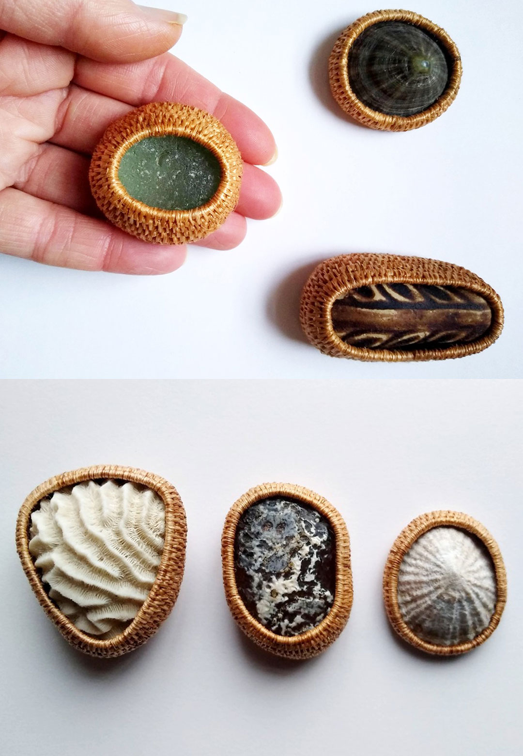 Jane Haselden’s plant fibre baskets cocoon shells, stones and earthenware