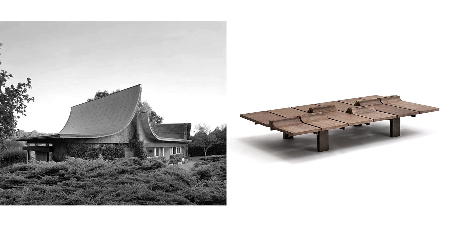The curving roofs of Claude Parent’s architecture guides the coffee table design