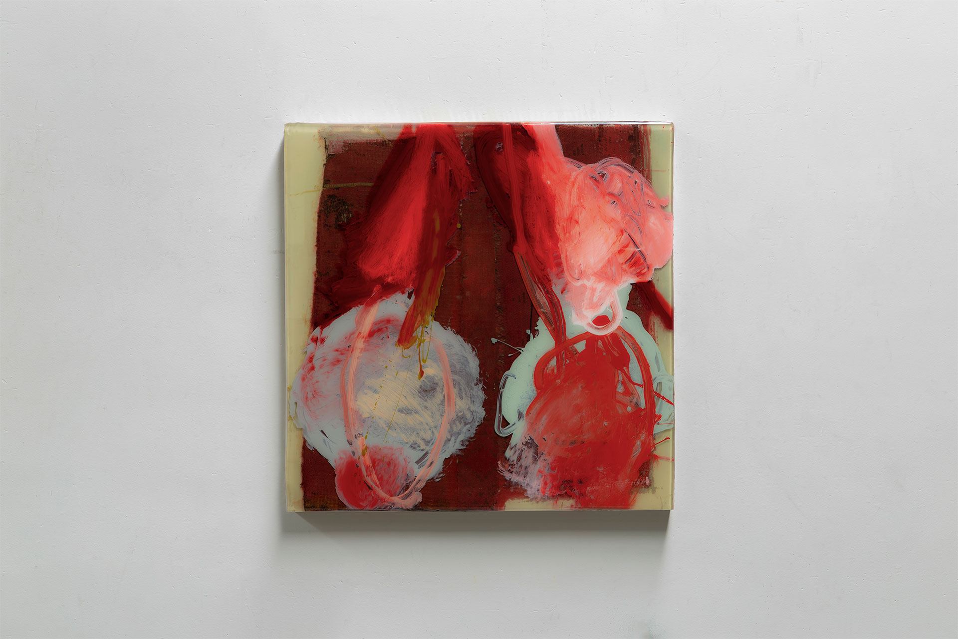 AKB_19_150, 2019/2022; Mixed media on wood panel; Mediums: Maroccan carpet, oil pastels, varnish, resin; 100 x 100 cm