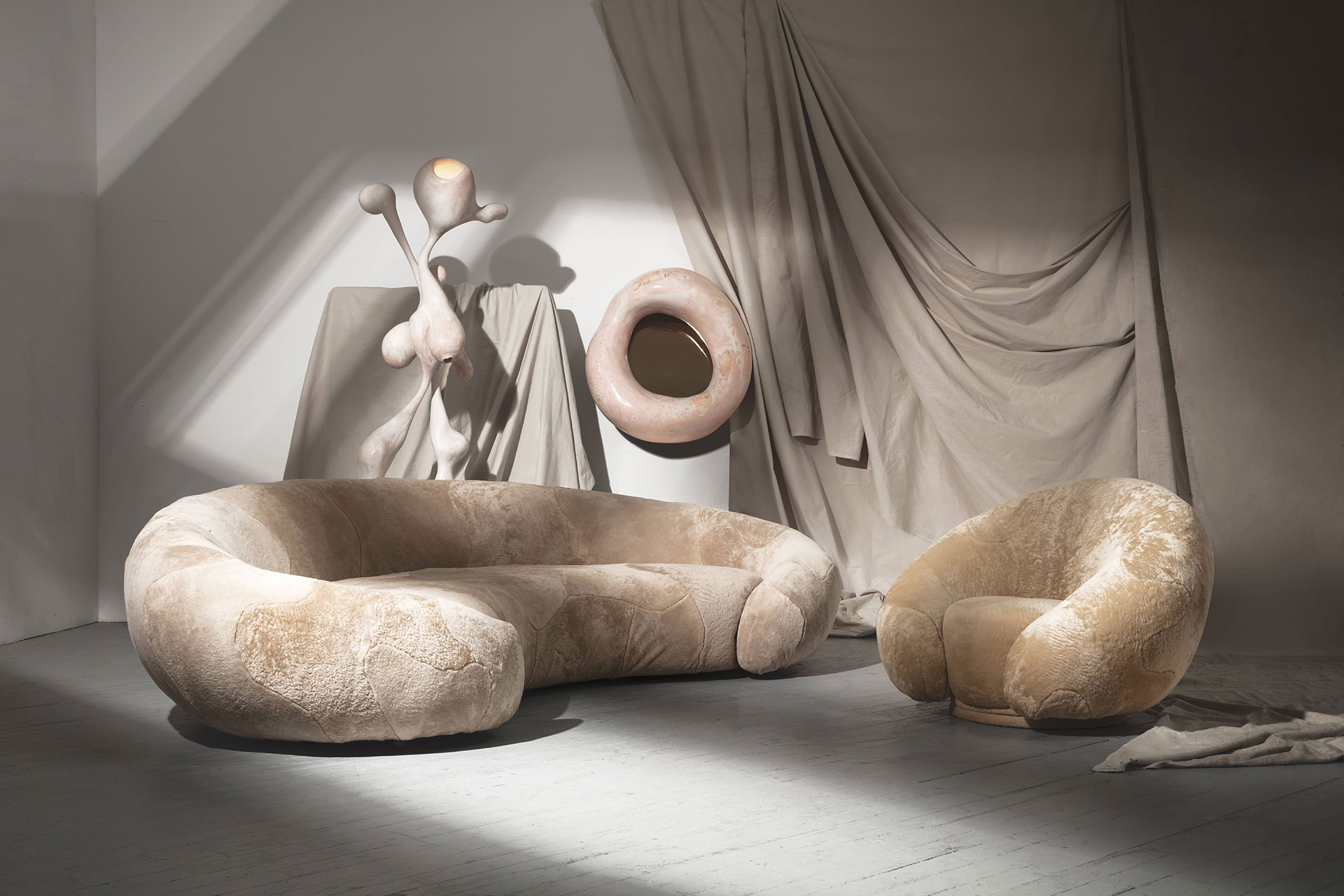 The living environment is donned in light and fleshy tones
