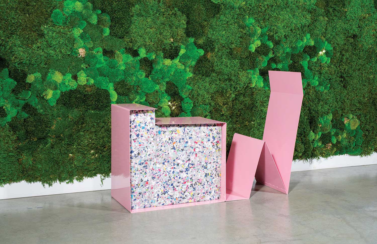 The furniture designs are made from repurposed footwear