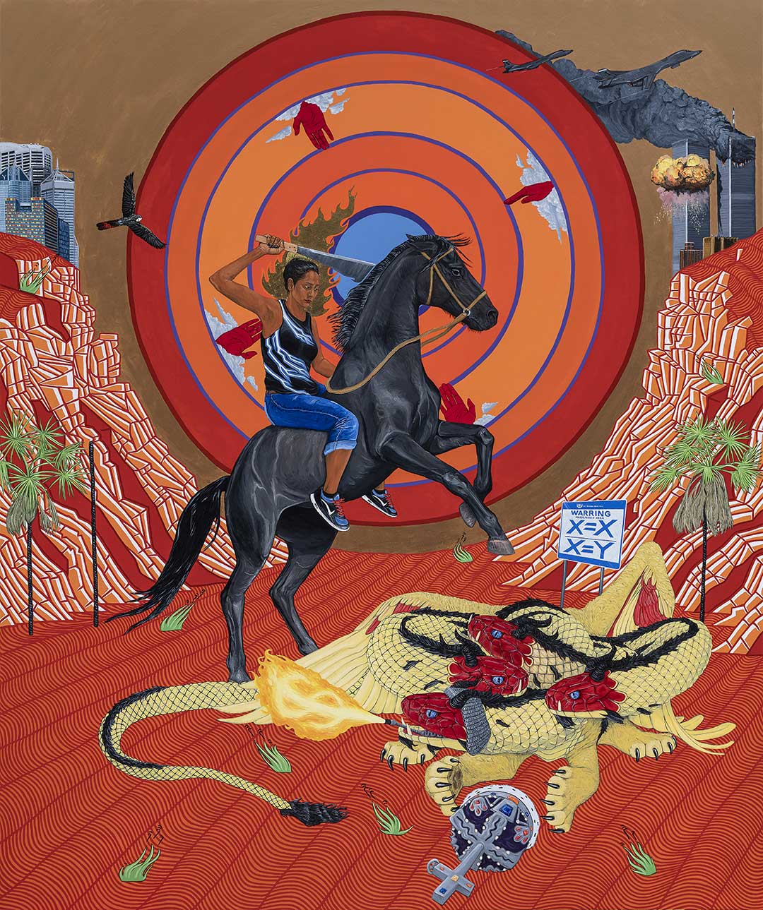 Ryan Presley, Crown Land (till the ends of the earth) (2020), oil, synthetic gold and 23k gold leaf on polyester 182 x 152 cm. Collection of the National Gallery of Victoria