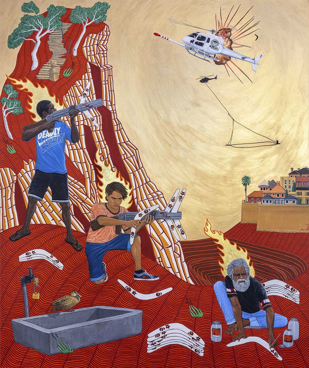 Ryan Presley, Aeronautics (what goes up must come down) (2020), oil, synthetic gold and 23k gold leaf on poly-cotton, 182 x 152 cm. Collection of Artbank, Sydney/Melbourne