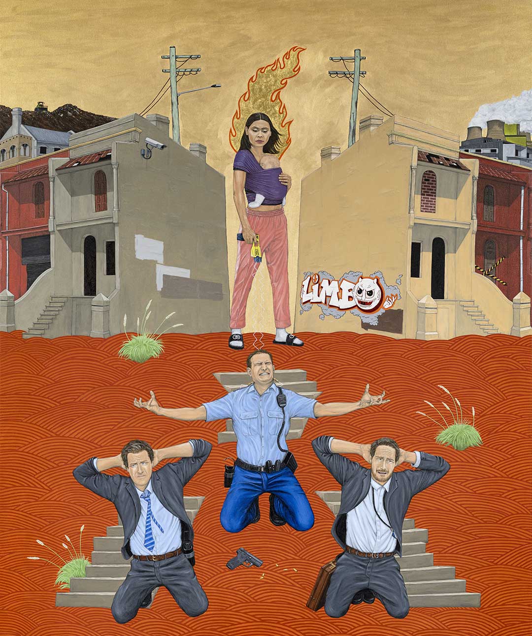 Ryan Presley, One day this will all be yours (2022), oil, synthetic gold and 23k gold leaf on poly-cotton, 182 x 152 cm