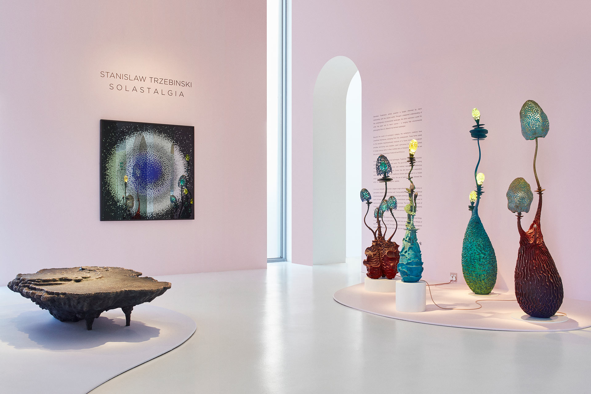 The sculptural lamps and table designed by Stanislaw Trzebinski