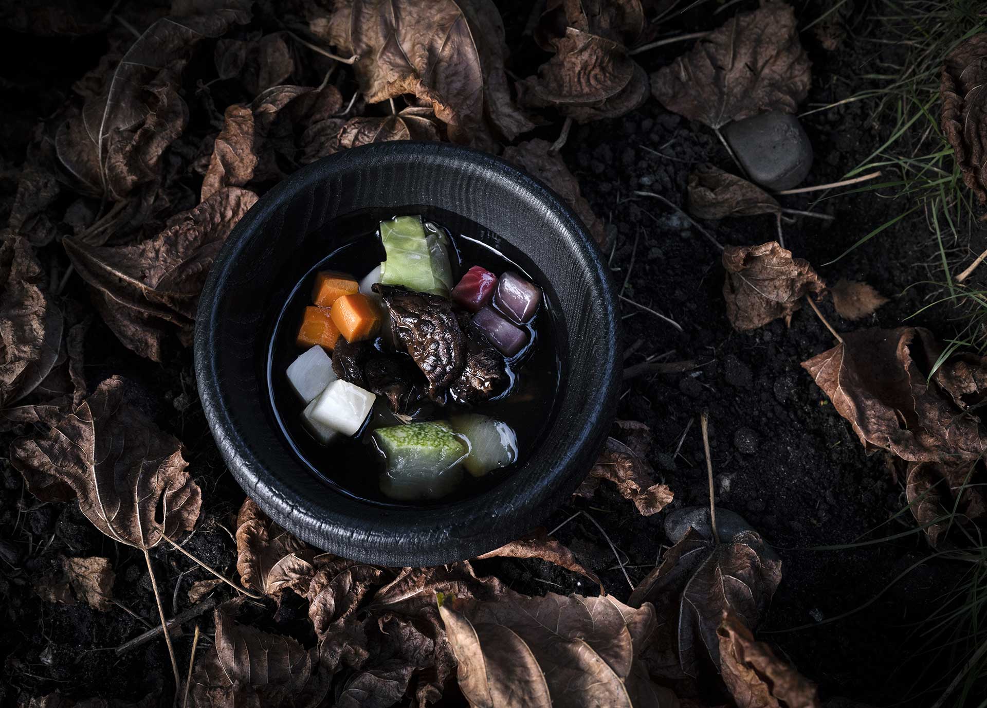 Neungi mushroom soup with root vegetables served in a burnt ash bowl by Sebastien Krier