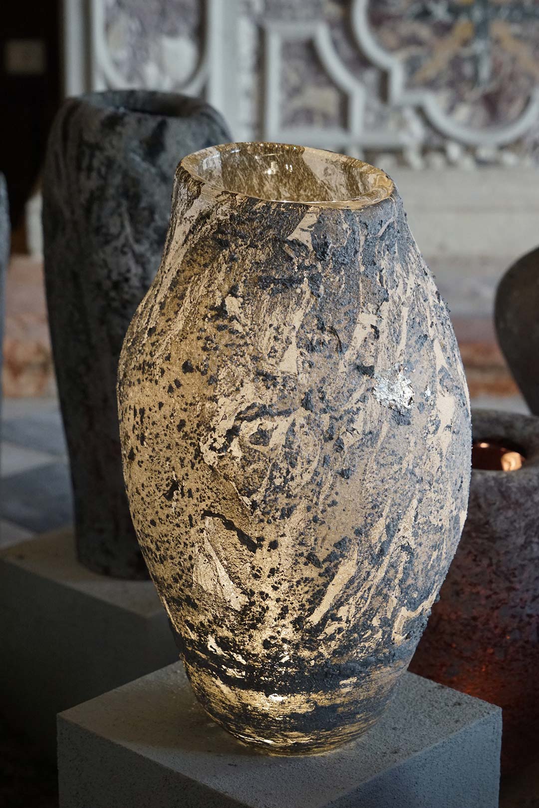 The sculptural designs are developed in collaboration with Venetian glass blowers