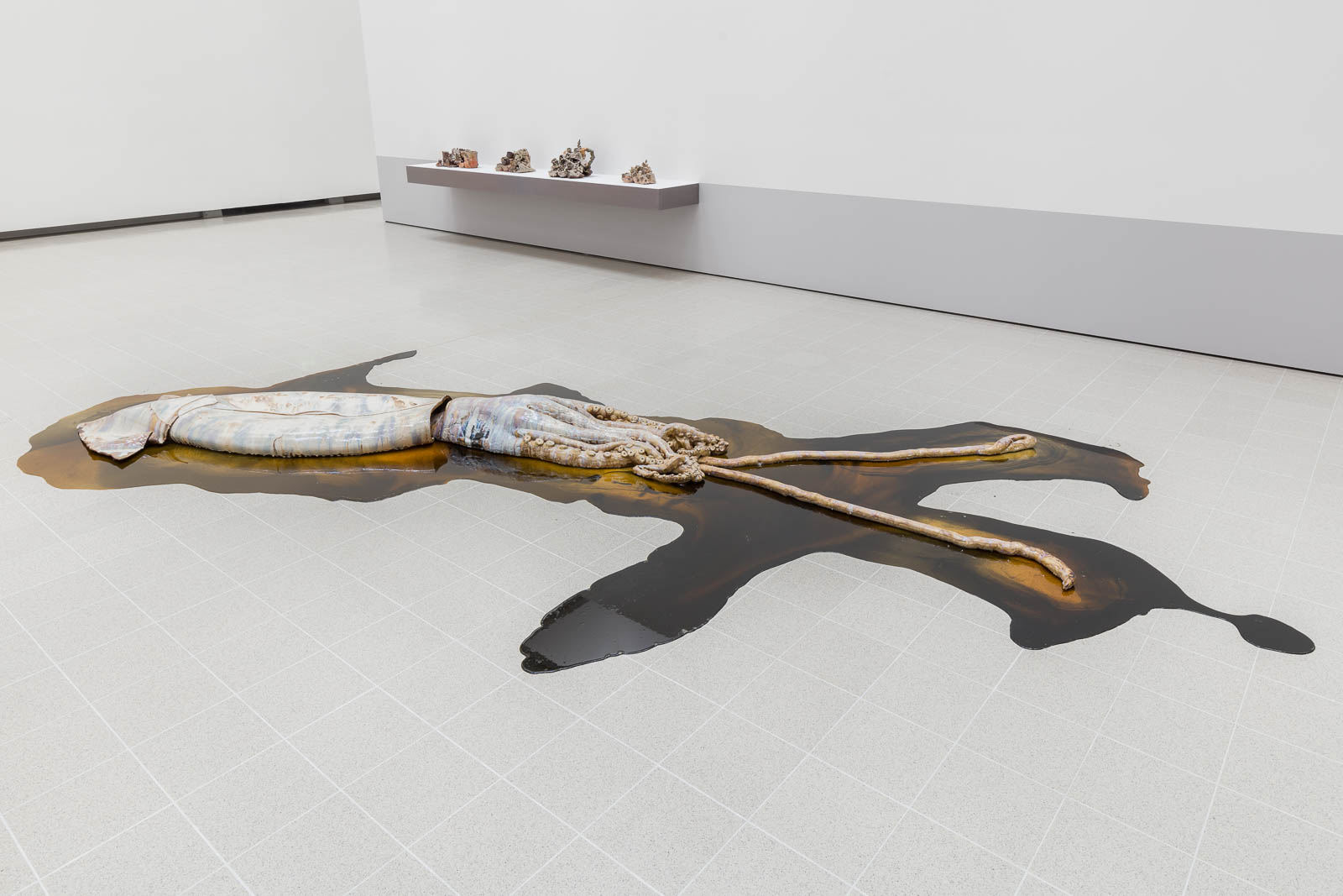 The installation view of David Zink Yi’s ceramic squid along with the works of Aaron Angell