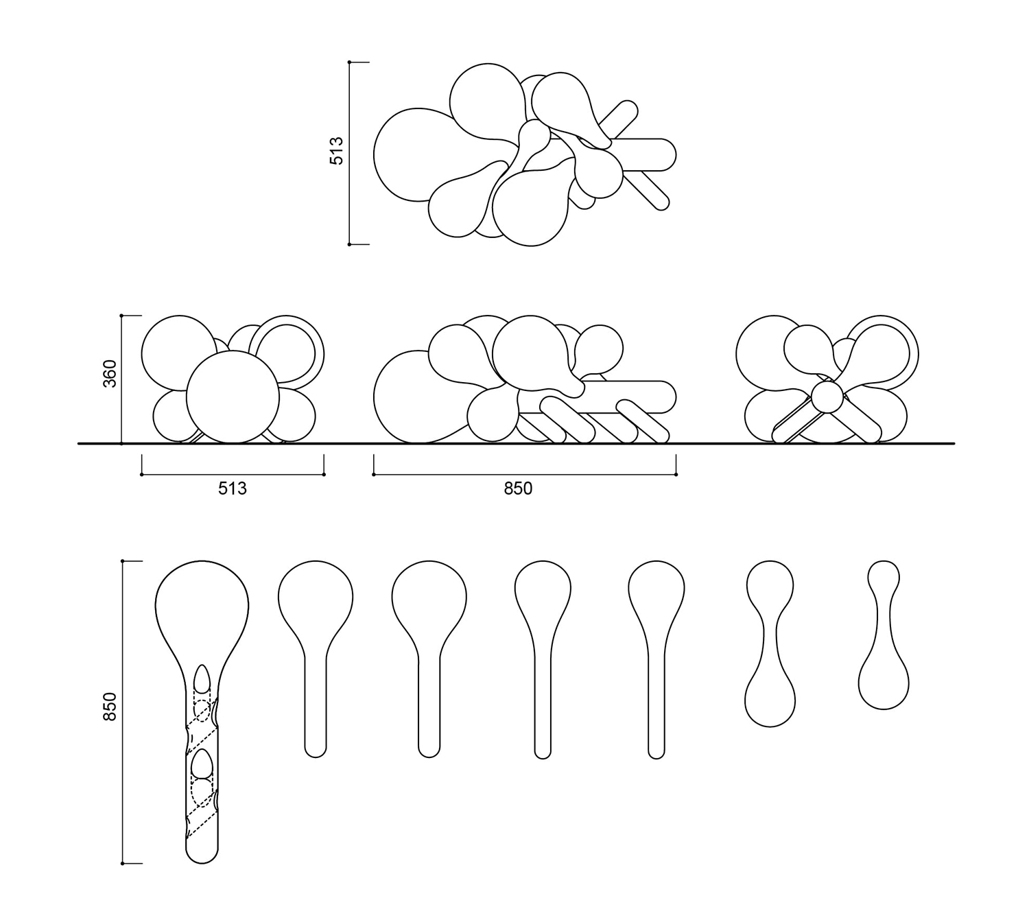Technical illustration of parts and assembly of the Pop Cloud chair